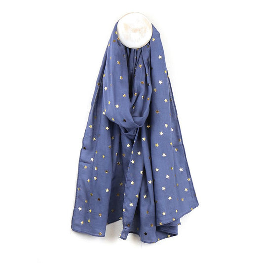 Blue Scarf With Metallic Star Print Scarf