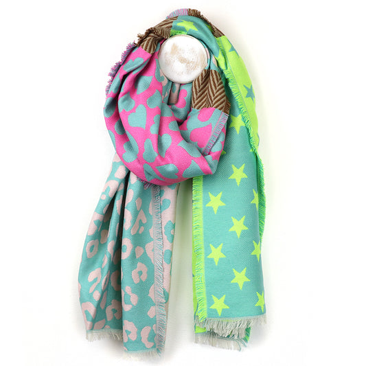 Reversible Green Mix Star, Heart & Leopard Scarf