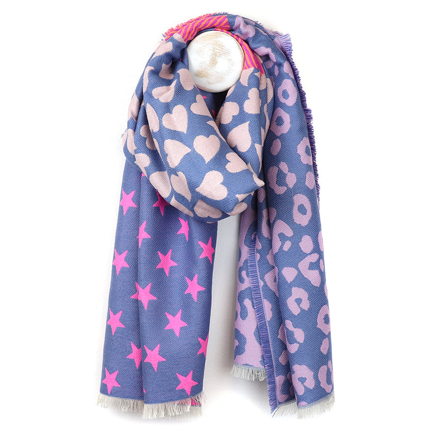 Reversible Blue & Pink Star, Heart & Leopard Scarf