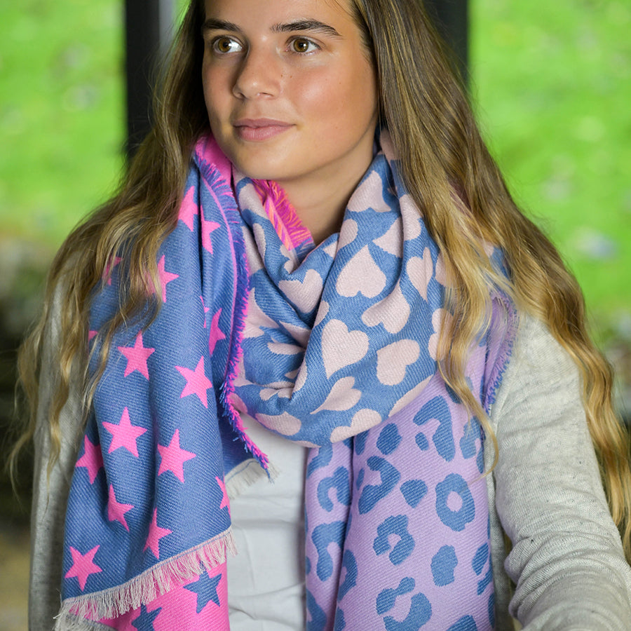 Reversible Blue & Pink Star, Heart & Leopard Scarf