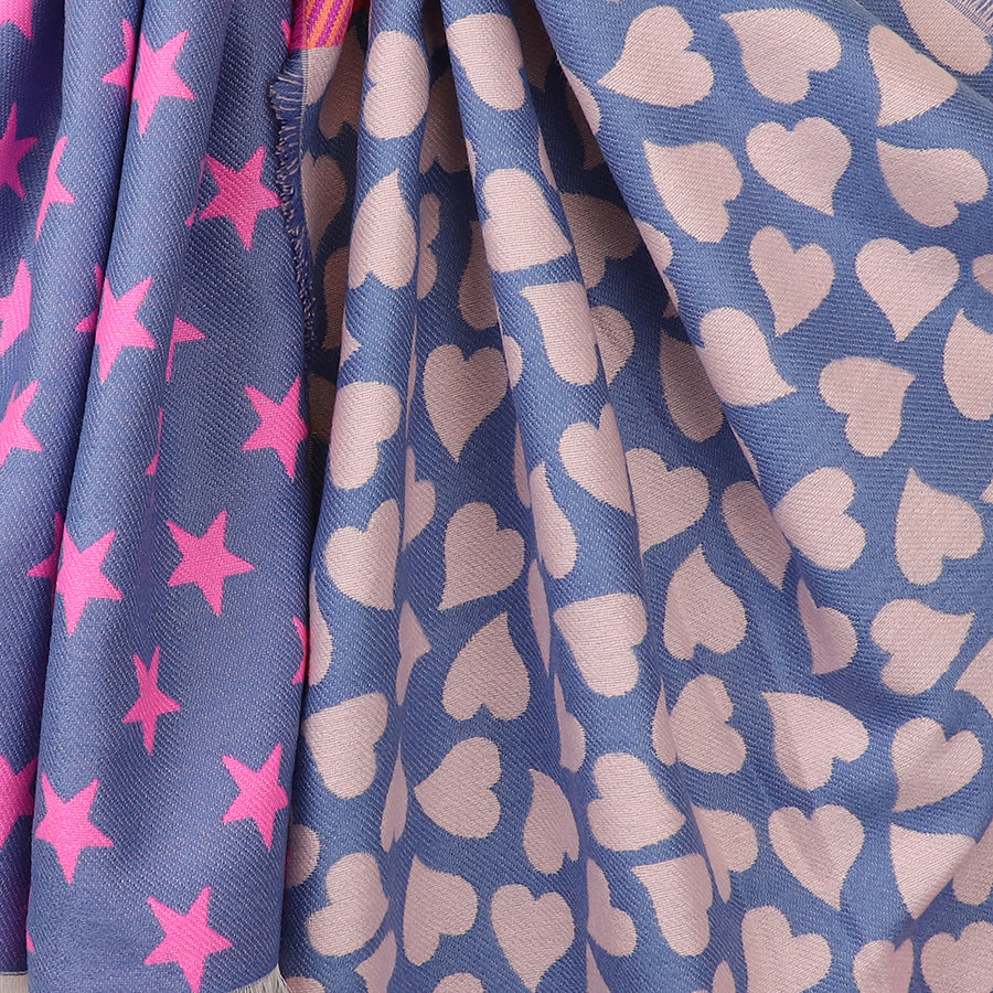 Reversible Blue & Pink Star, Heart & Leopard Scarf