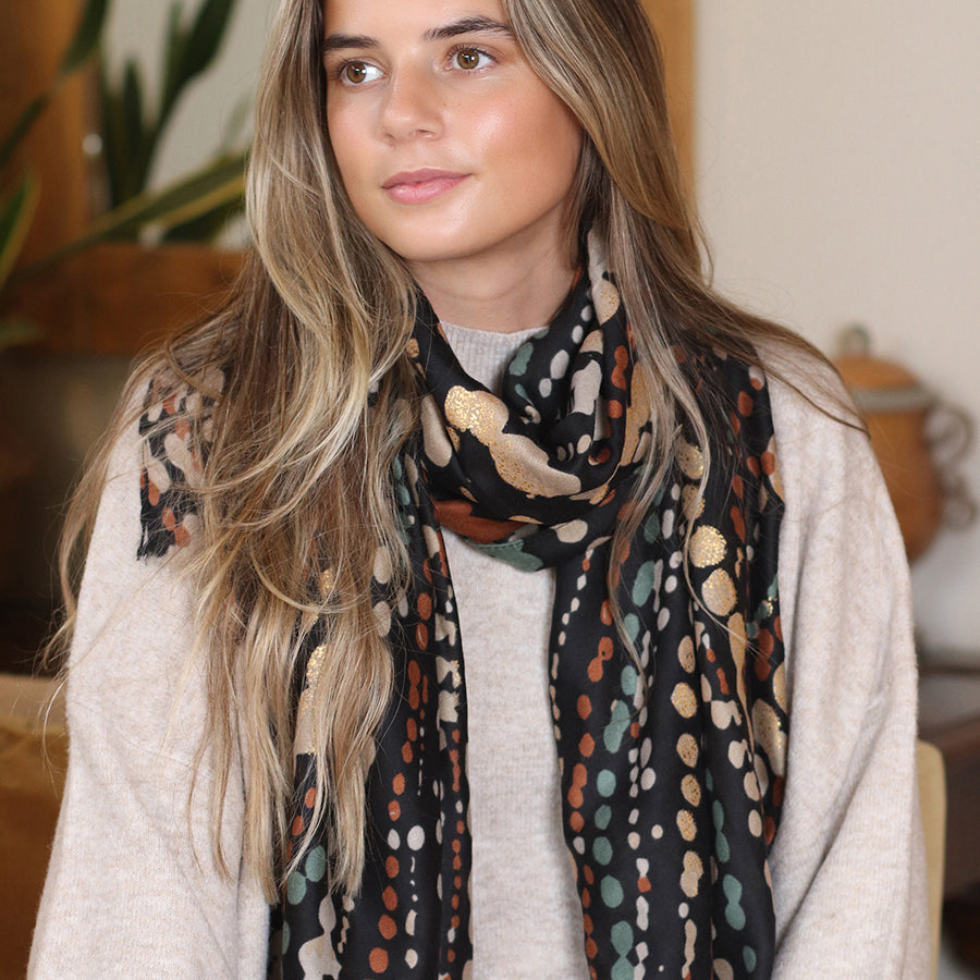 Black Mix Painted Dotty Wave Print Scarf