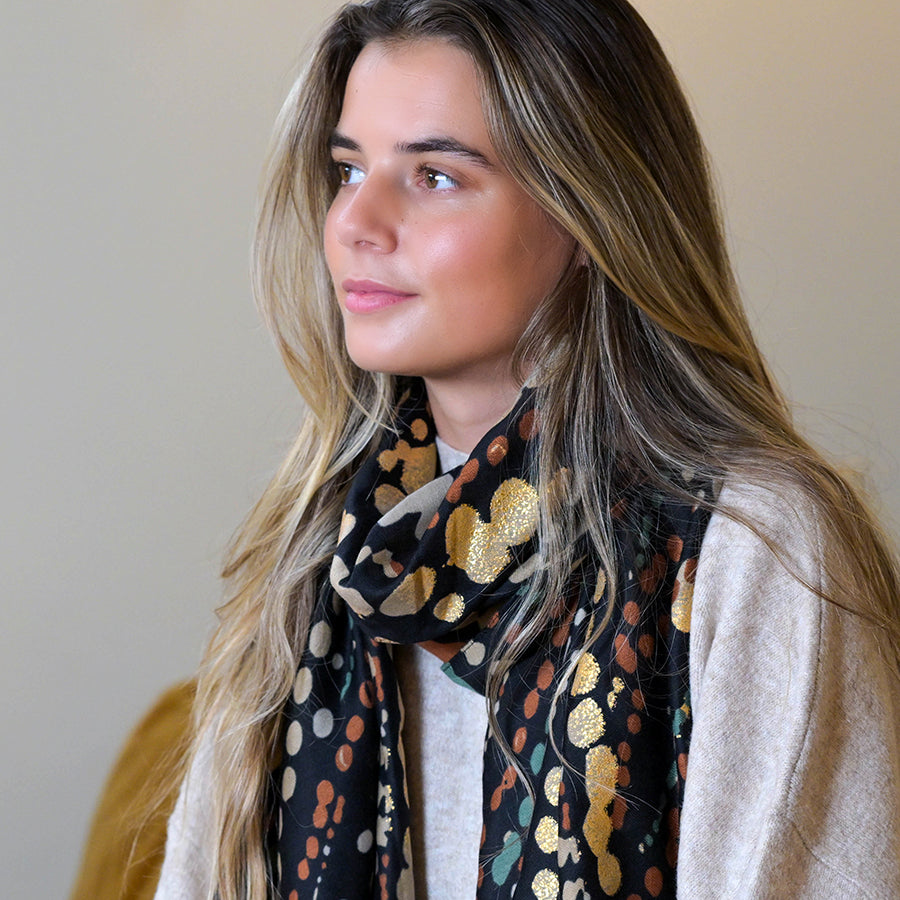 Black Mix Painted Dotty Wave Print Scarf