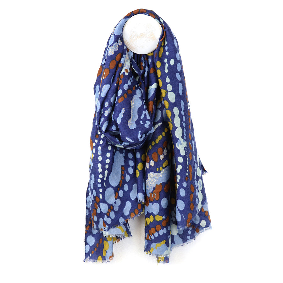 Blue Mix Painted Dotty Wave Print Scarf