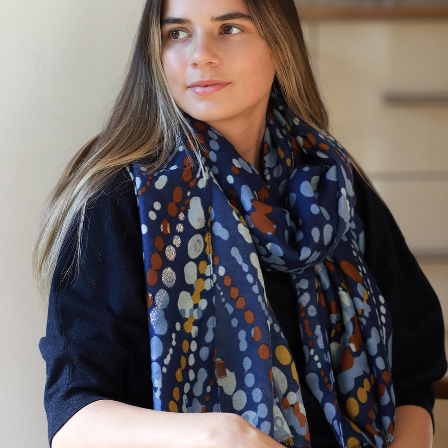 Blue Mix Painted Dotty Wave Print Scarf