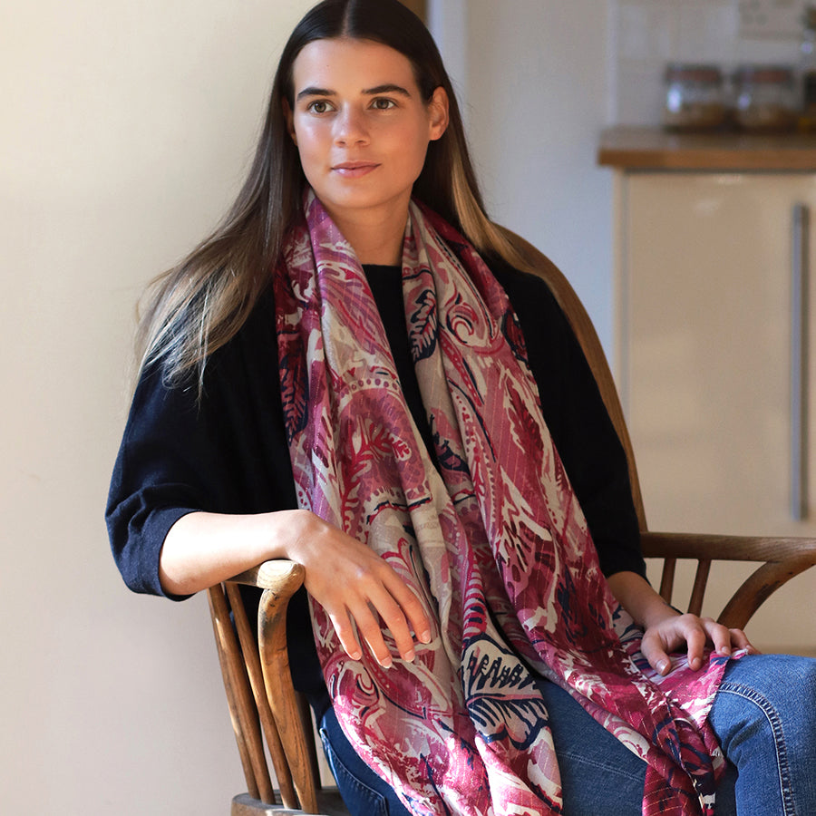 Raspberry Mix Paisley Leaf Print Scarf