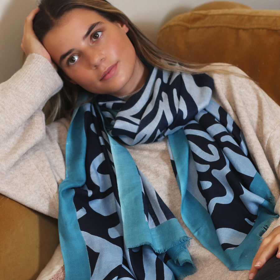 Blue Mix Abstract Swirl Print Scarf