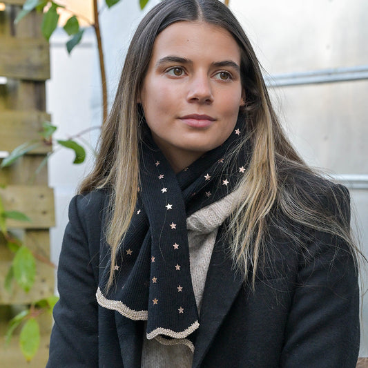 Black Recycled Blend Pull Through Stars Scarf