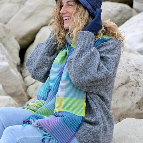 Blue & Green Mix Crinkle Check Scarf