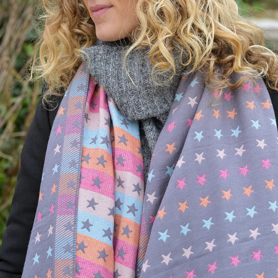 Pale Gret & Multi Jacquard Star Scarf