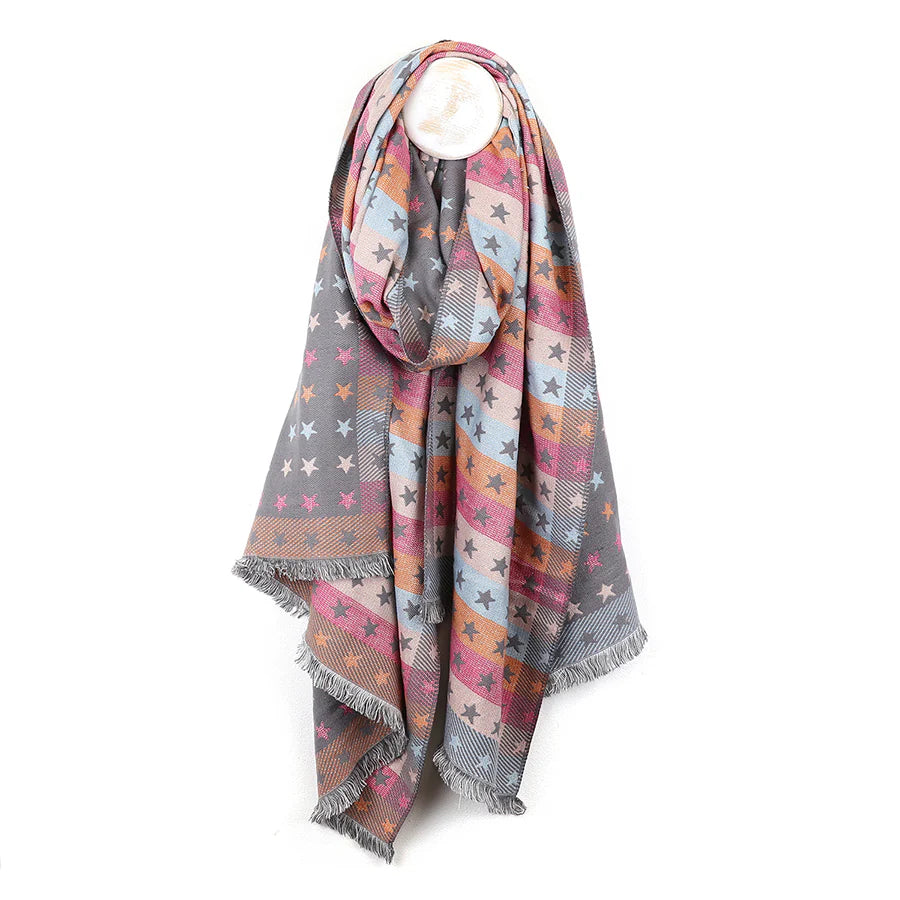 Pale Gret & Multi Jacquard Star Scarf