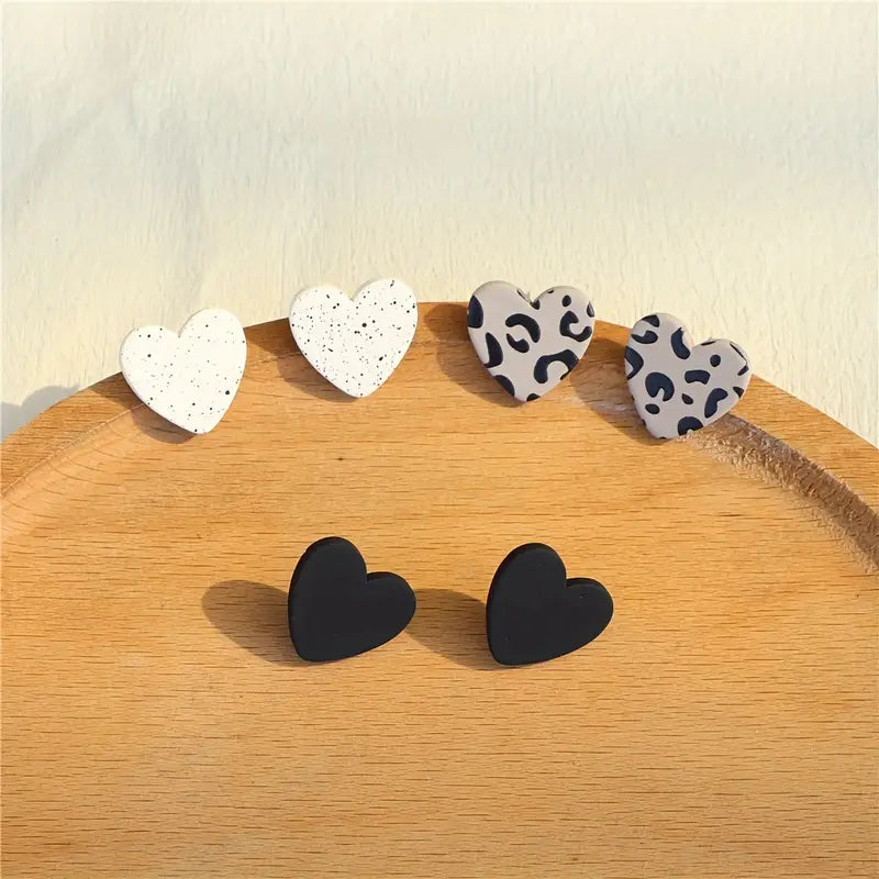 3 Pairs Of Acrylic Heart Studs | Black, Green & White