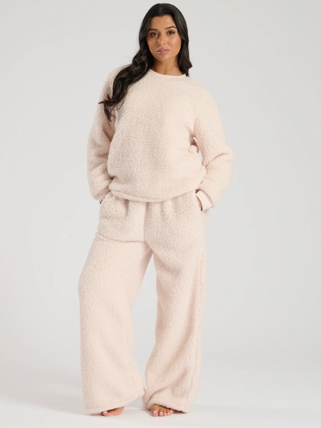 Cream Borg Jumper & Wide Leg Lounge Set