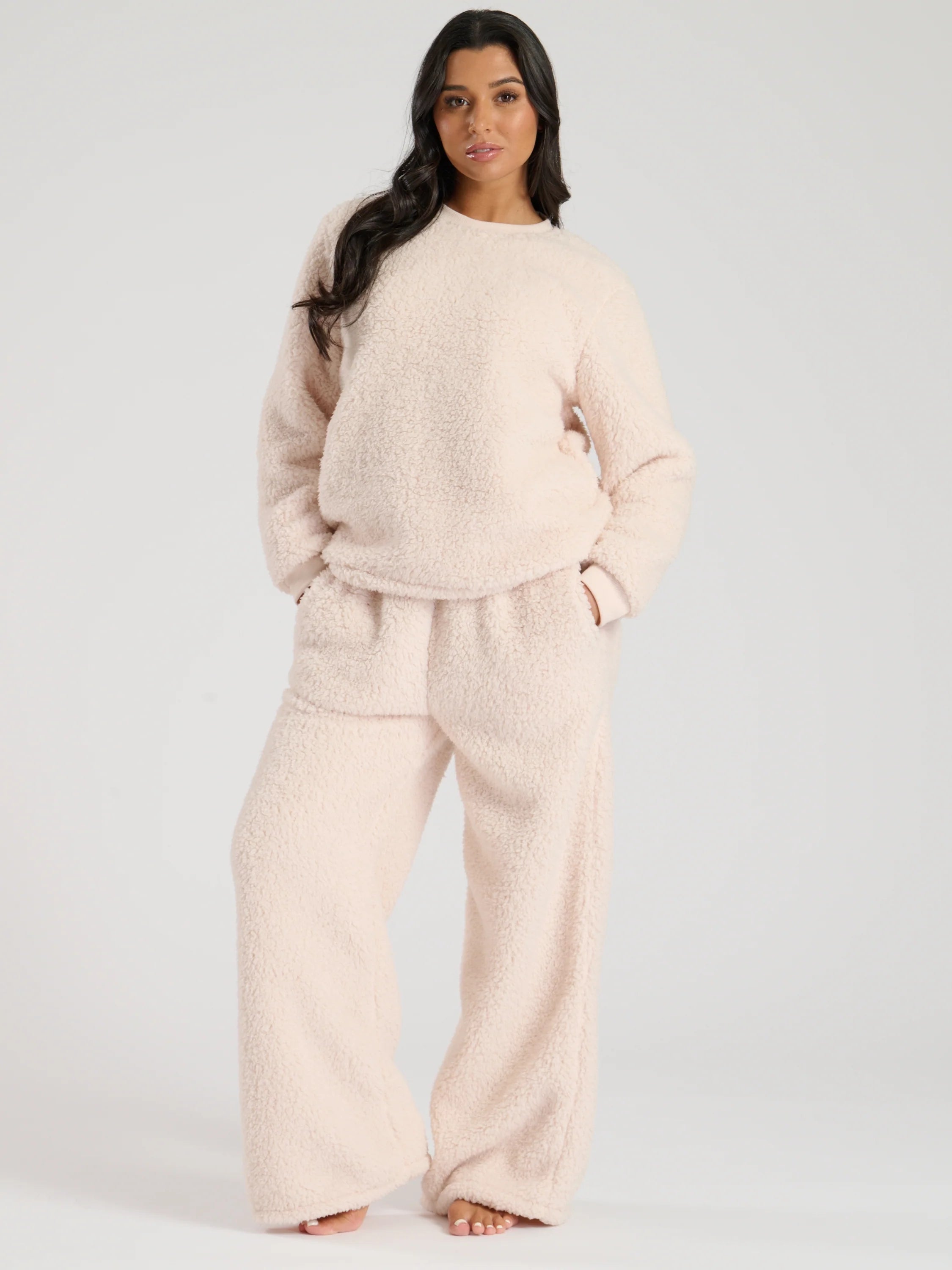 Cream Borg Jumper & Wide Leg Lounge Set