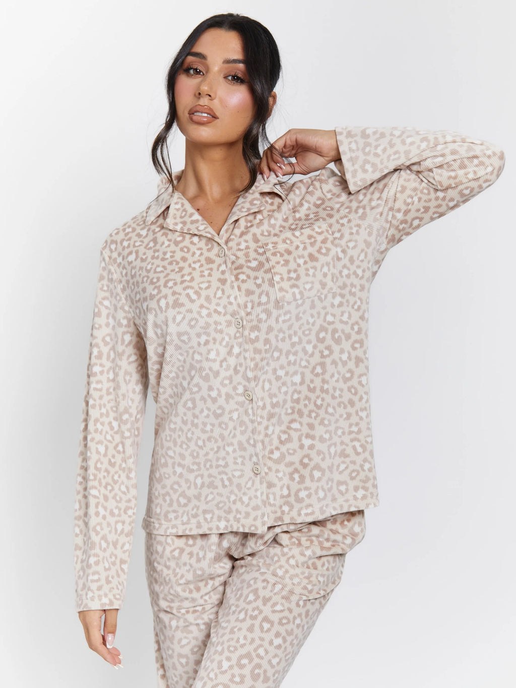 Leopard Ribbed Long Sleeve Top And Trousers Pyjamas