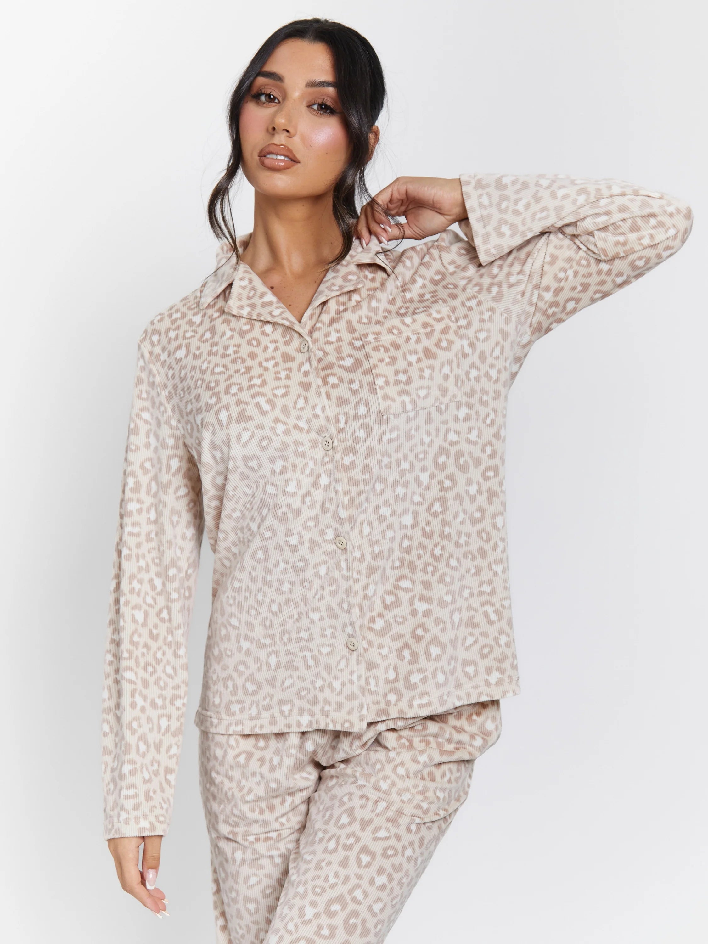Leopard Ribbed Long Sleeve Top And Trousers Pyjamas