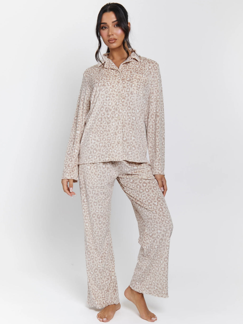 Leopard Ribbed Long Sleeve Top And Trousers Pyjamas