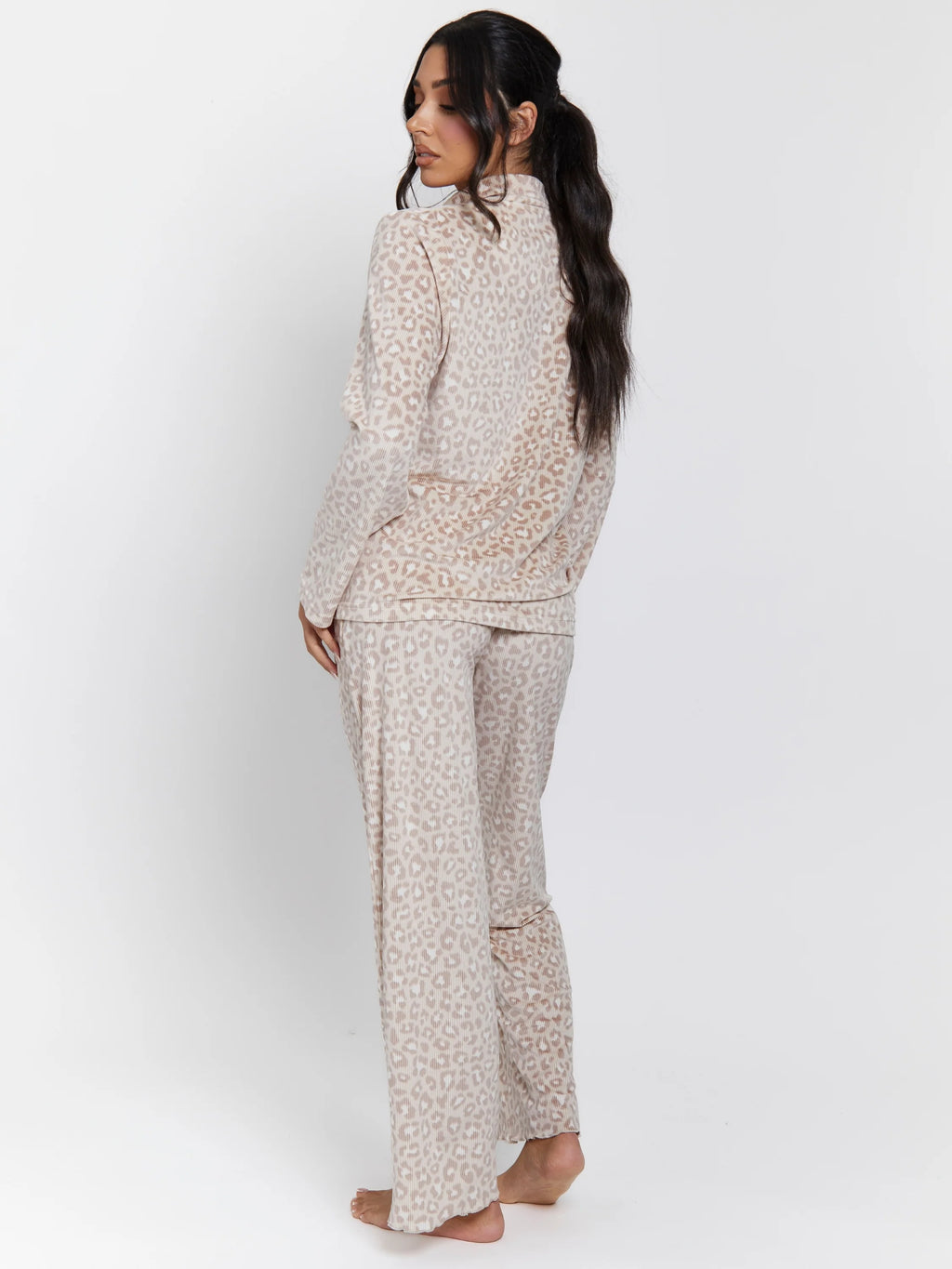 Leopard Ribbed Long Sleeve Top And Trousers Pyjamas