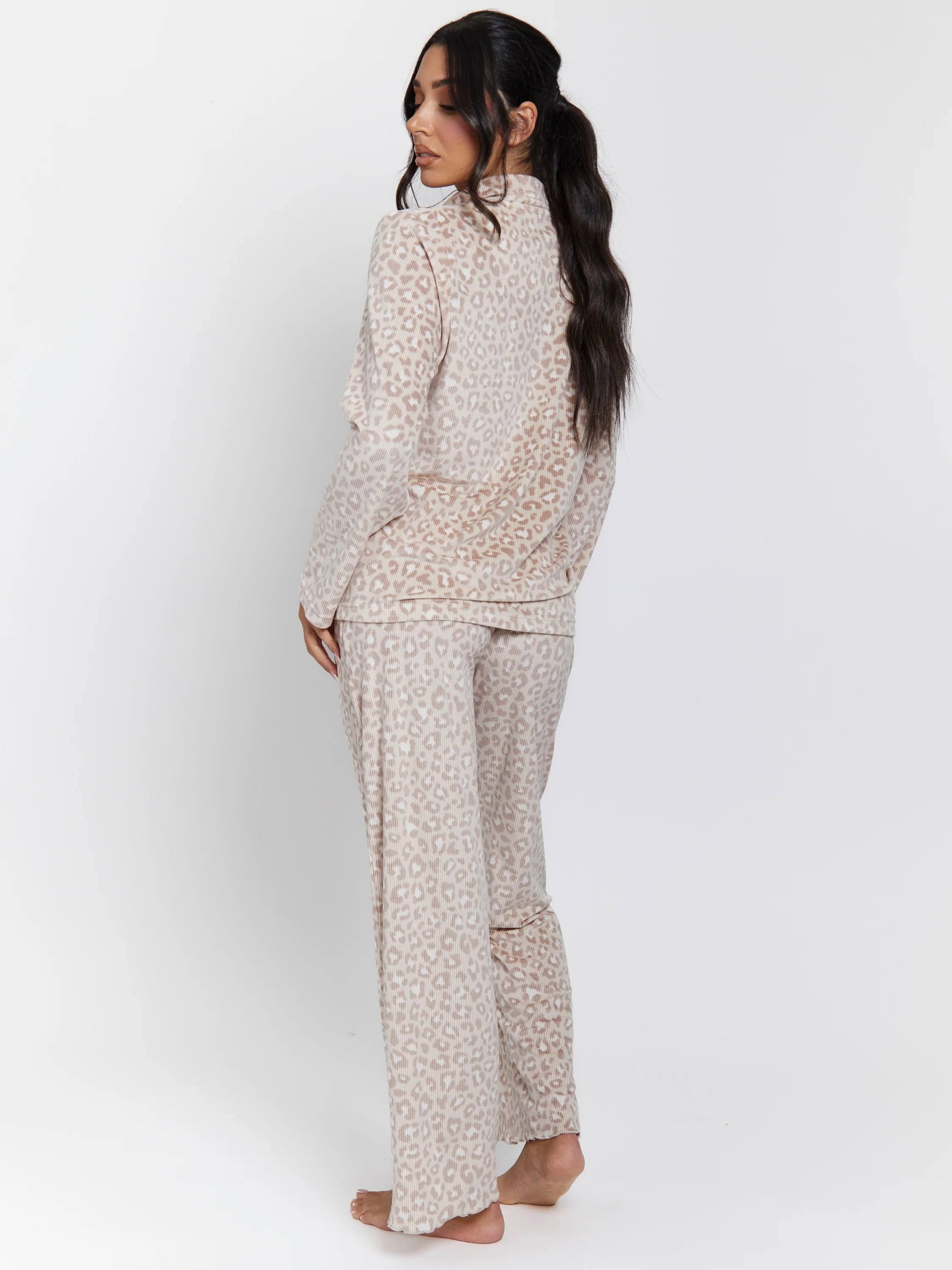 Leopard Ribbed Long Sleeve Top And Trousers Pyjamas