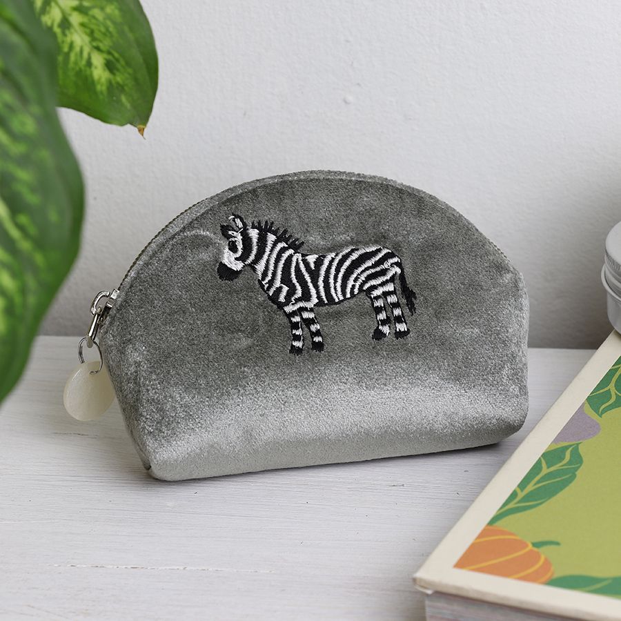 Zebra Embroidered 'D' Shape Coin Purse | Grey