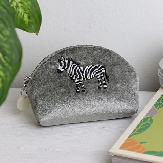 Zebra Embroidered 'D' Shape Coin Purse | Grey