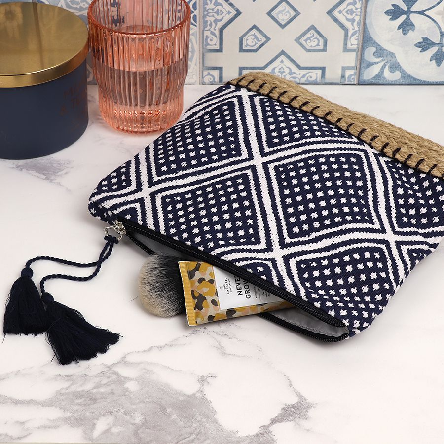 Navy, White & Blue Diamond Print Cotton Wash Bag