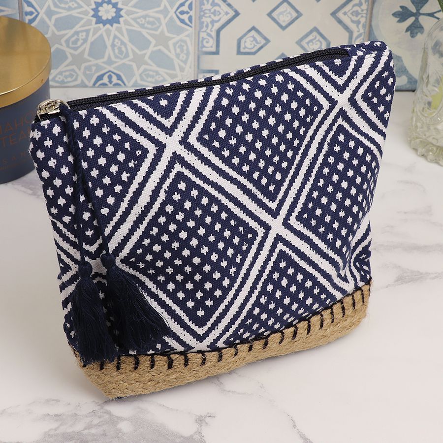 Navy, White & Blue Diamond Print Cotton Wash Bag