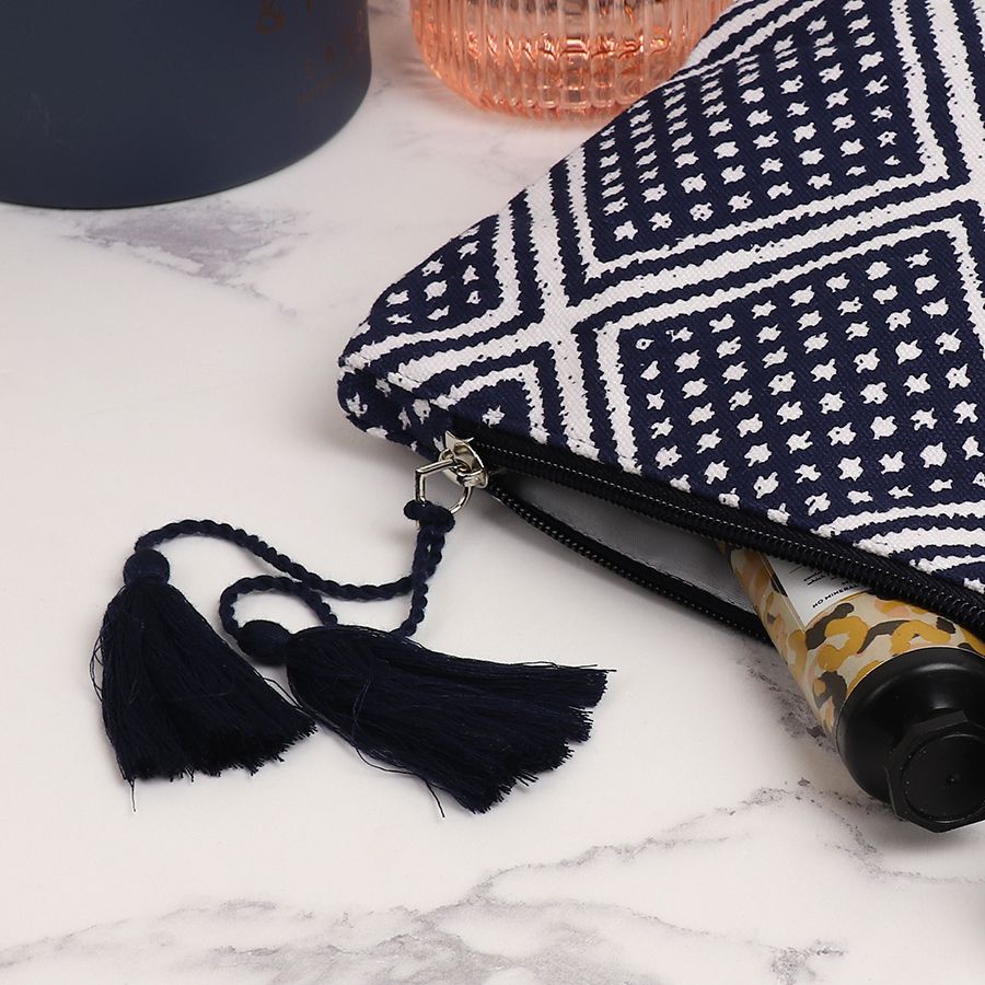 Navy, White & Blue Diamond Print Cotton Wash Bag