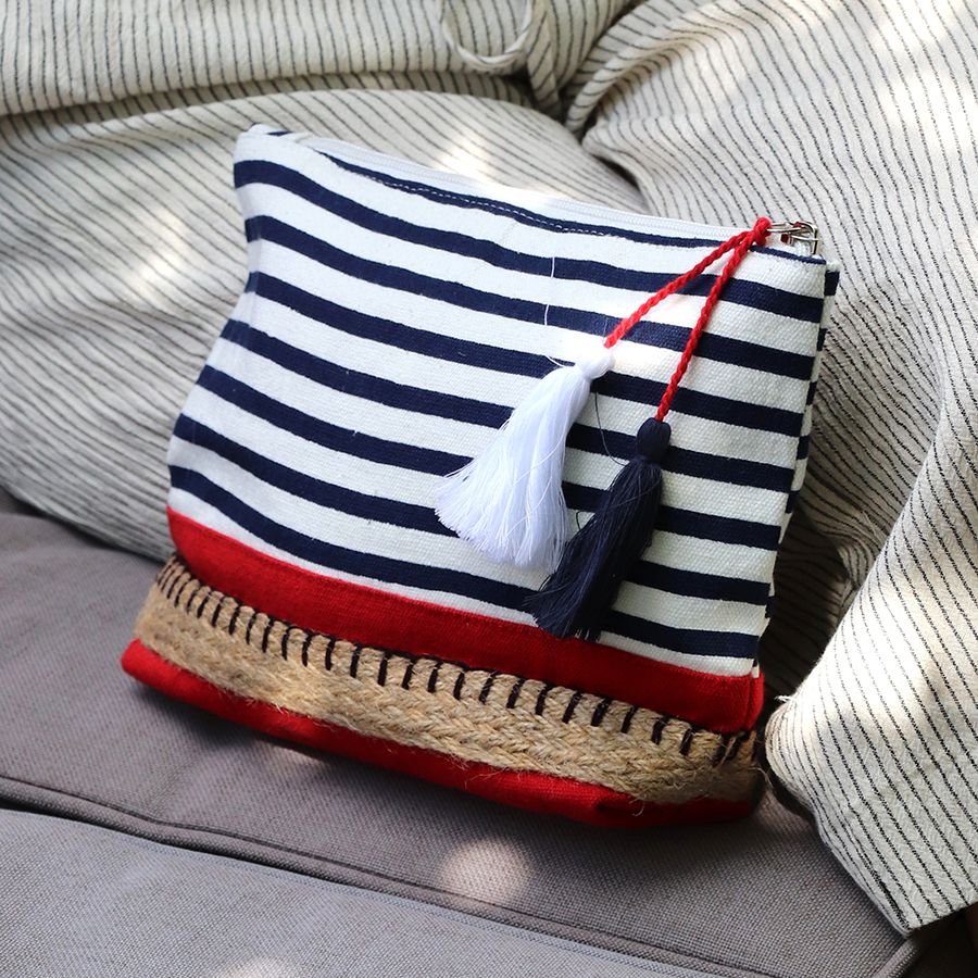 Navy, White & Red Striped Wash Bag