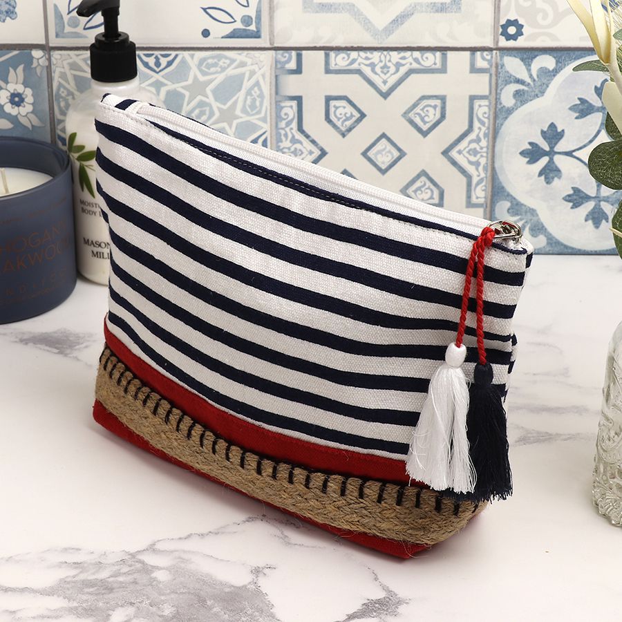 Navy, White & Red Striped Wash Bag