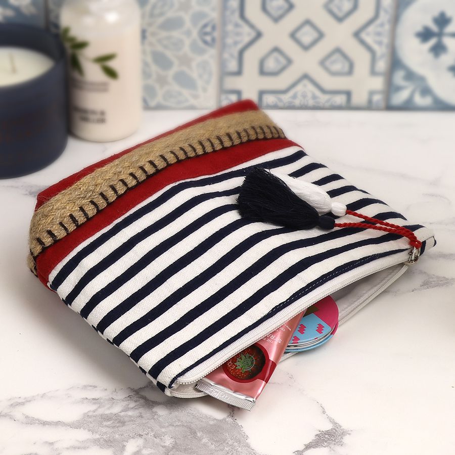 Navy, White & Red Striped Wash Bag