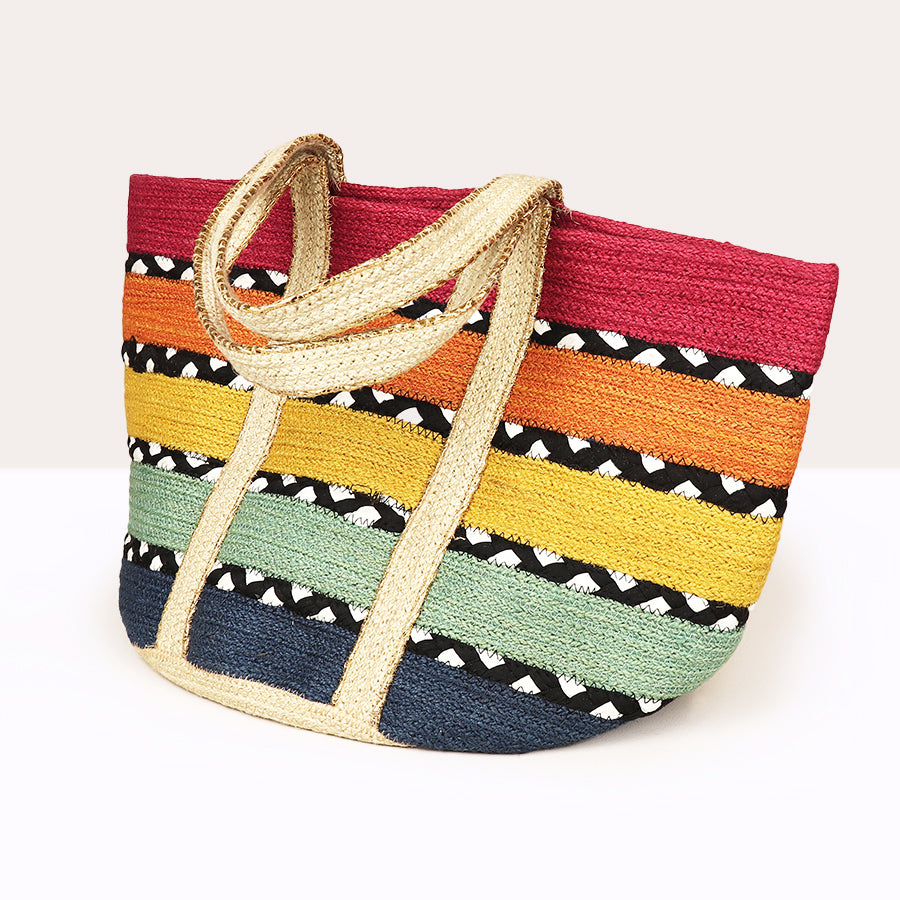 Bright Stripe Jute & Black & White Recycled Bag