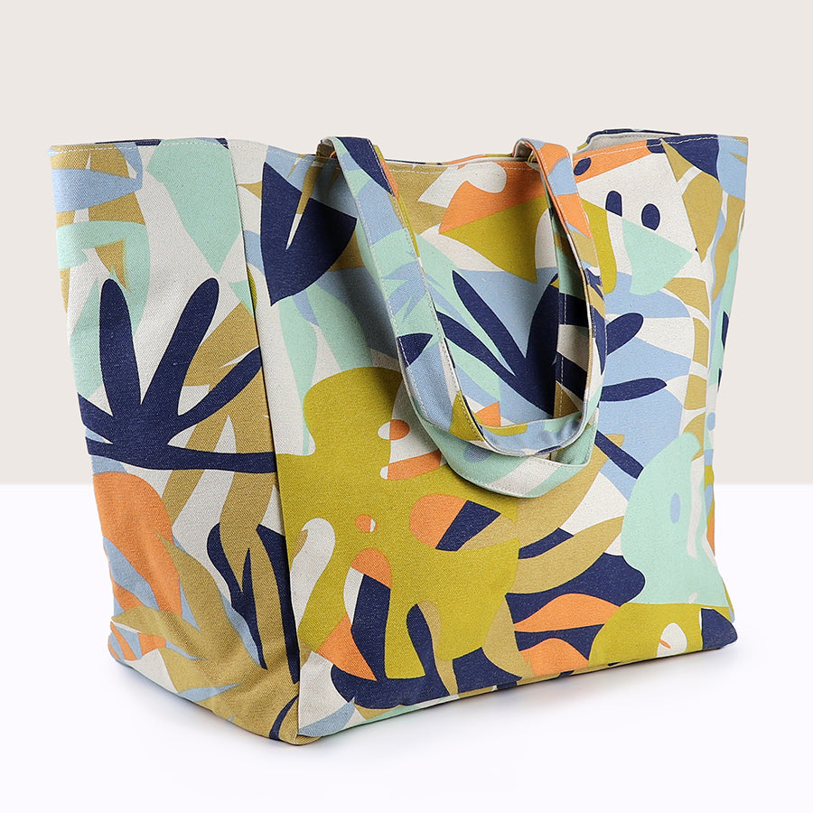 Blue & Mustard Mix Tropical Canvas Tote Bag