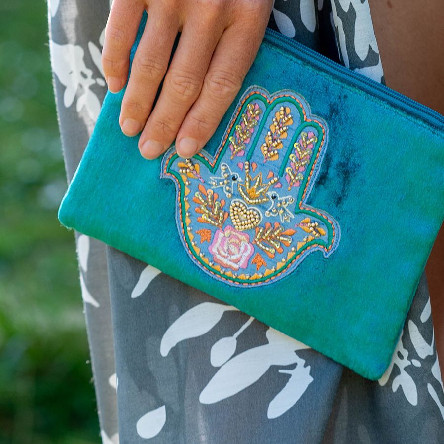 Teal Velvet Embroidered Hand Purse