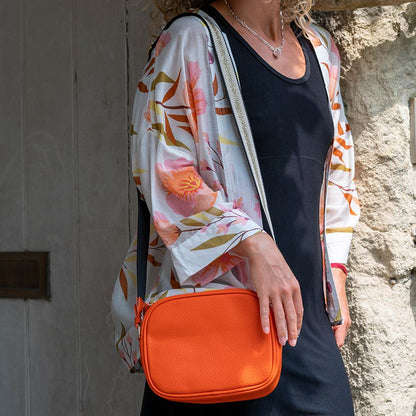 Vegan Leather Camera Bag With Patterned Strap | Orange