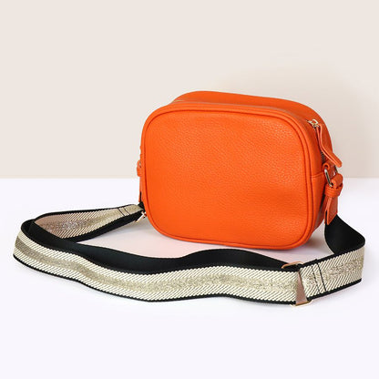 Vegan Leather Camera Bag With Patterned Strap | Orange