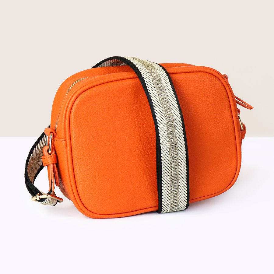 Vegan Leather Camera Bag With Patterned Strap | Orange