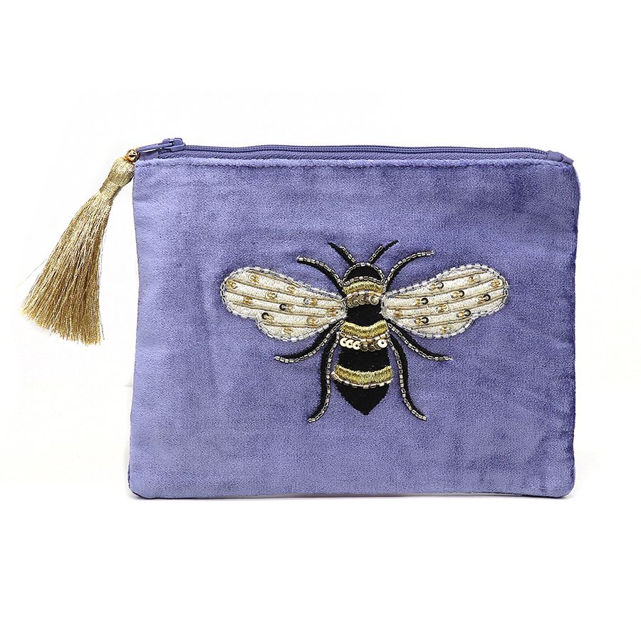 Cornflower Blue Velvet Embroidered Bee Purse