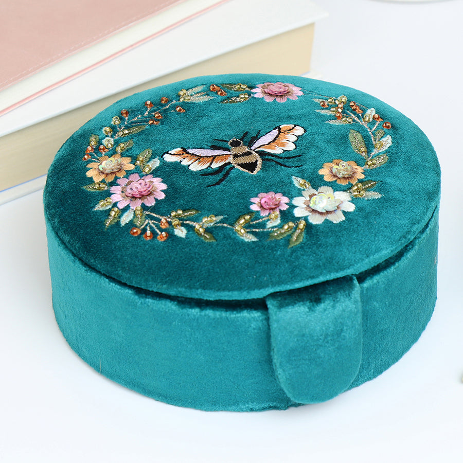 Teal Velvet Floral Bee Theme Jewellery Box