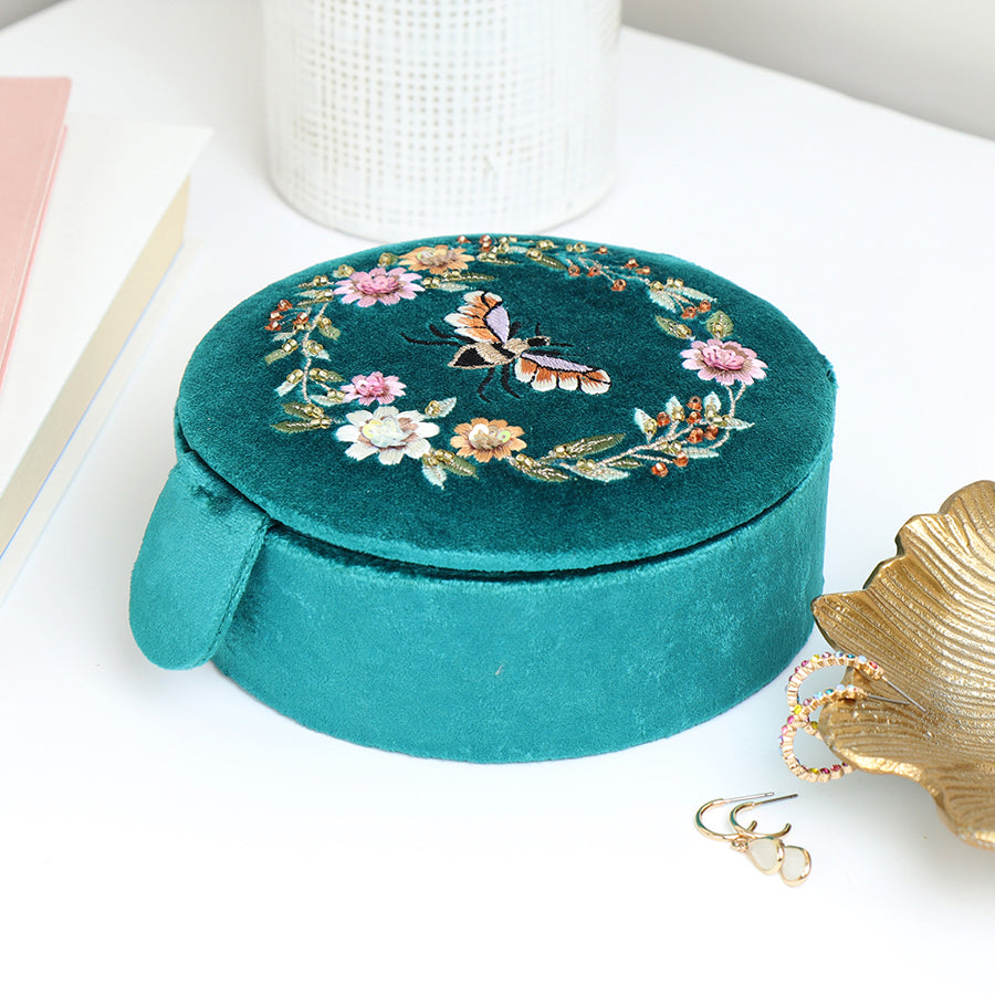 Teal Velvet Floral Bee Theme Jewellery Box