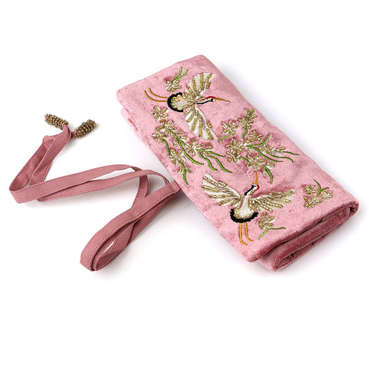 Pink Velvet Floral Crane Jewellery Roll