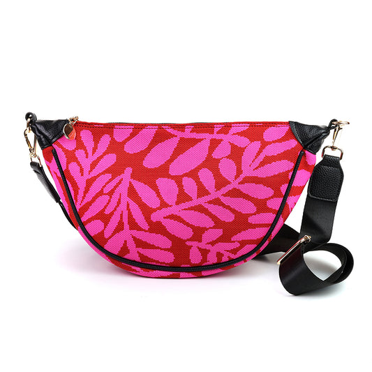 Pink & Red Leaf Print Half Moon Bag