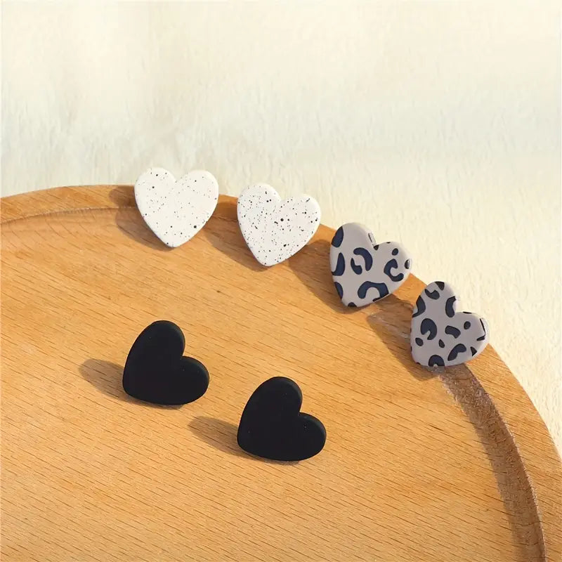 3 Pairs Of Acrylic Heart Studs | Black, Green & White