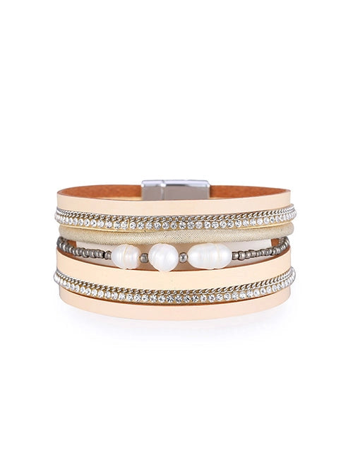 Blush Pearl Leather Wrap Rhinestone Magnetic Bracelet