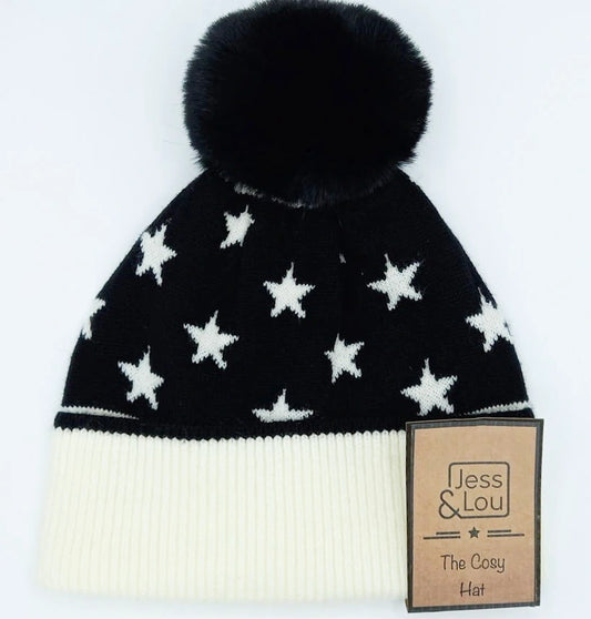 Black Unisex Star Bobble Hat