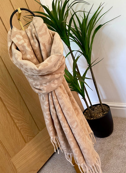 Beige & Taupe Reversible Animal Print Scarf With Tassel Fringe