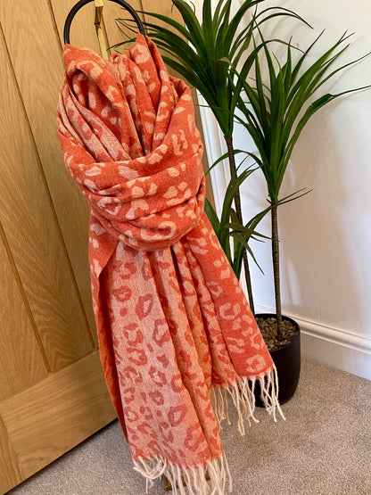 Orange & Beige Reversible Animal Print Scarf With Tassel Fringe