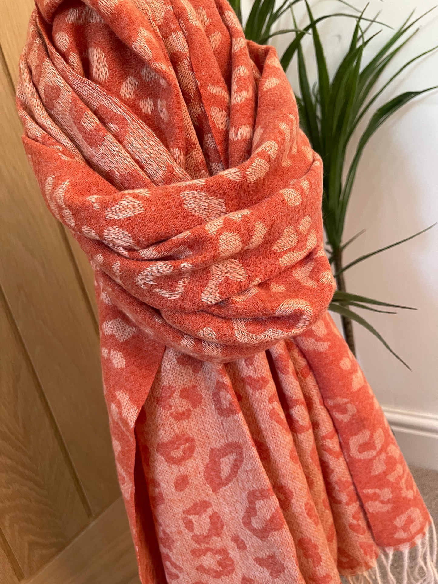 Orange & Beige Reversible Animal Print Scarf With Tassel Fringe