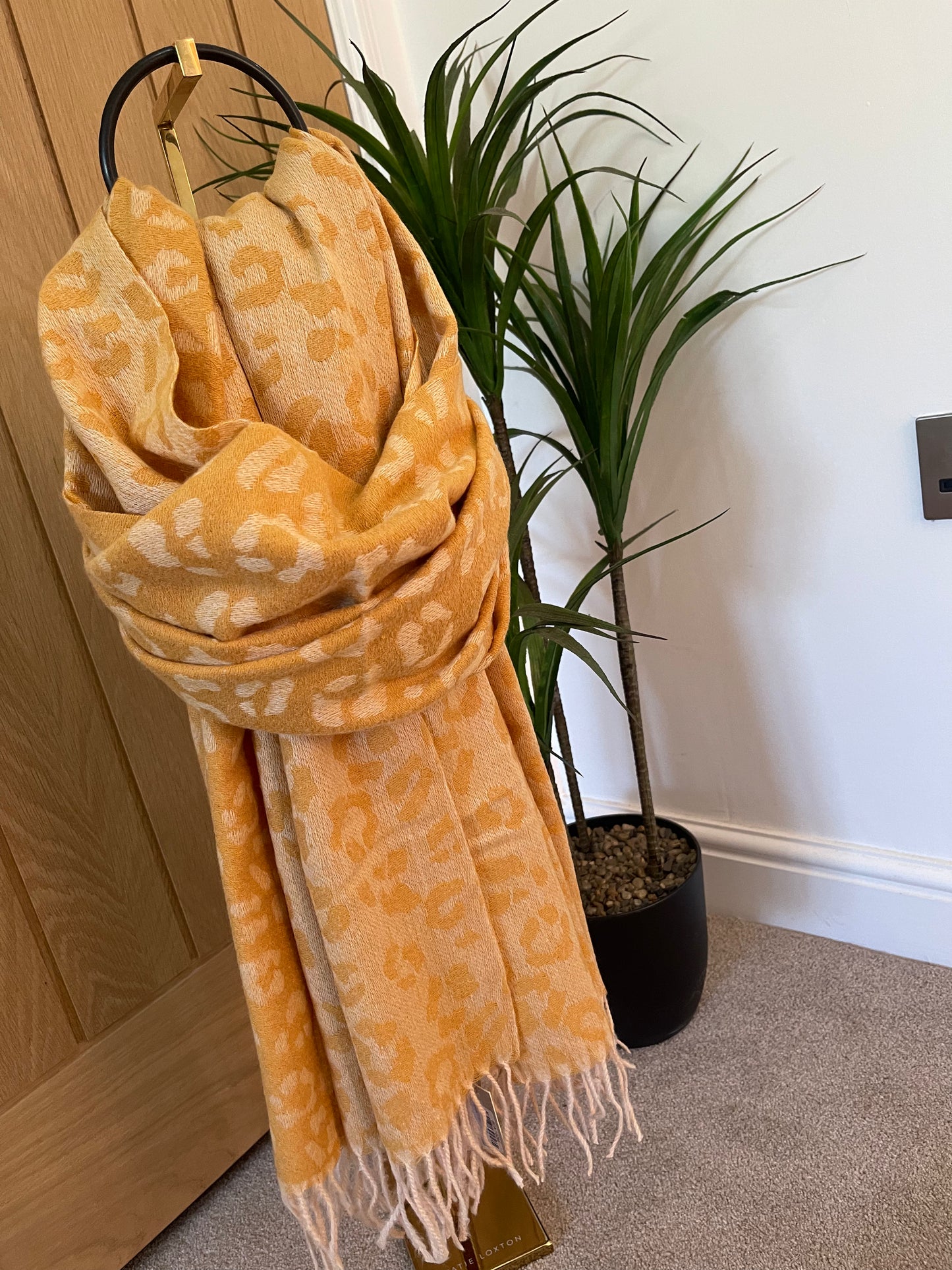 Mustard & Beige Reversible Animal Print Scarf With Tassel Fringe