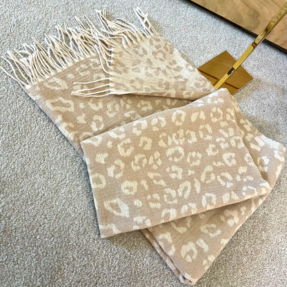 Beige & Taupe Reversible Animal Print Scarf With Tassel Fringe